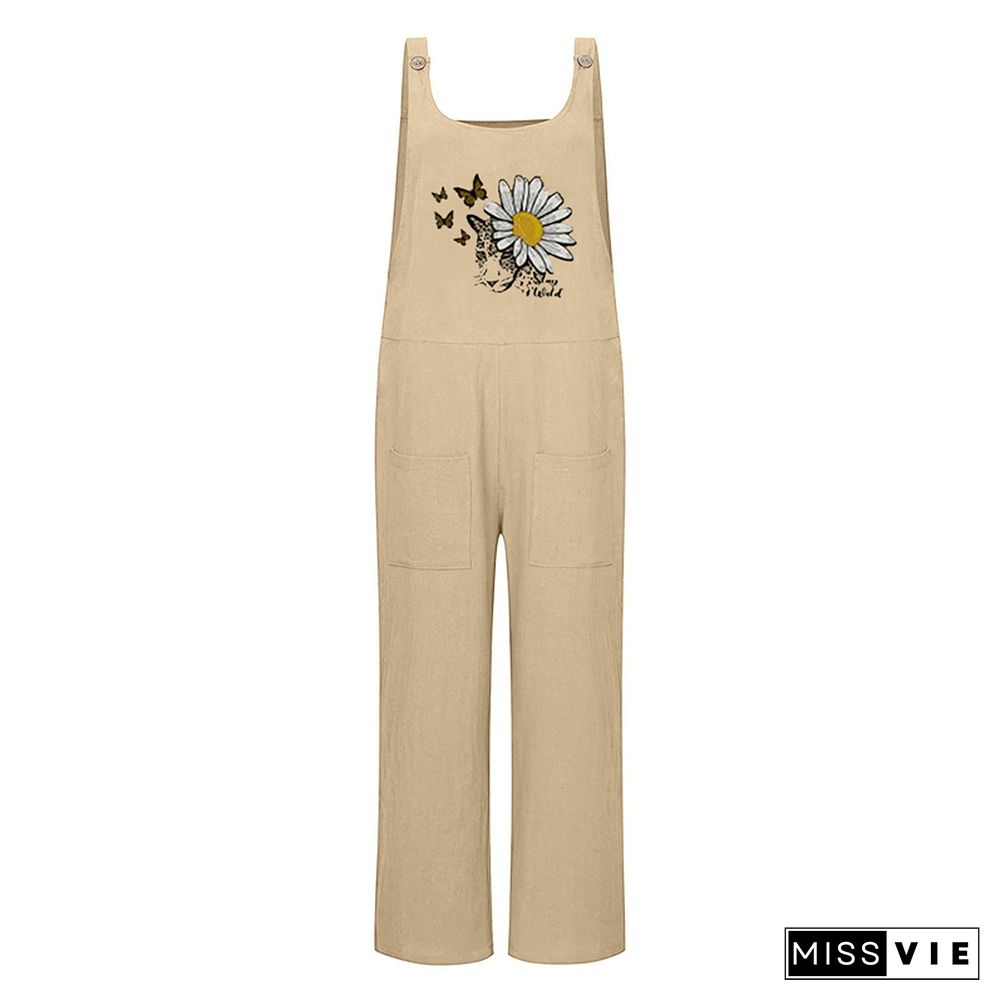 Women Causal Baggy Overalls Jumpsuit With Pockets Boho Pants Ladies Wide Leg Floral Loose Suspender Trousers Romper