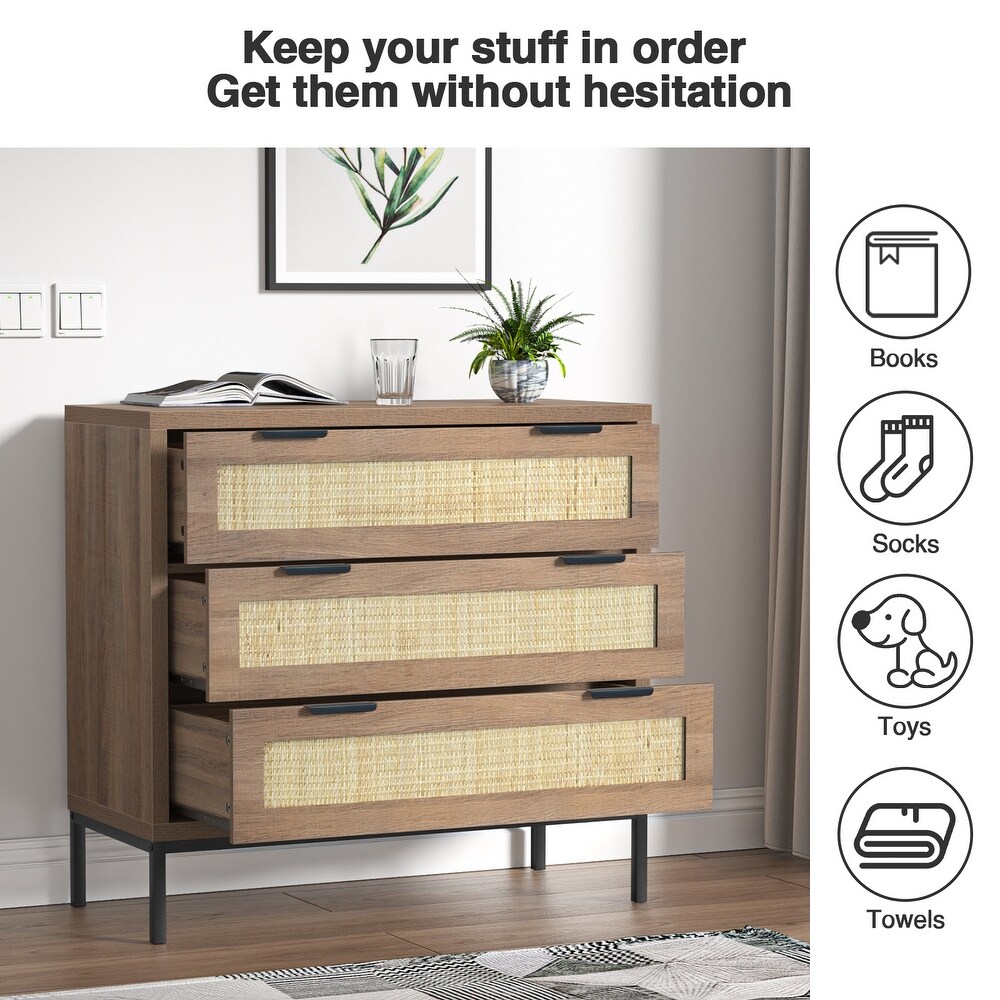 Bedroom Nightstand Dresser 3 Drawer Rattan Chest of Drawers Storage Cabinet 31.5\