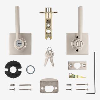 Kwikset Ladera Satin Nickel Exterior Entry Door Handle with Square Trim featuring SmartKey Security 405LRLSQT15SMK4