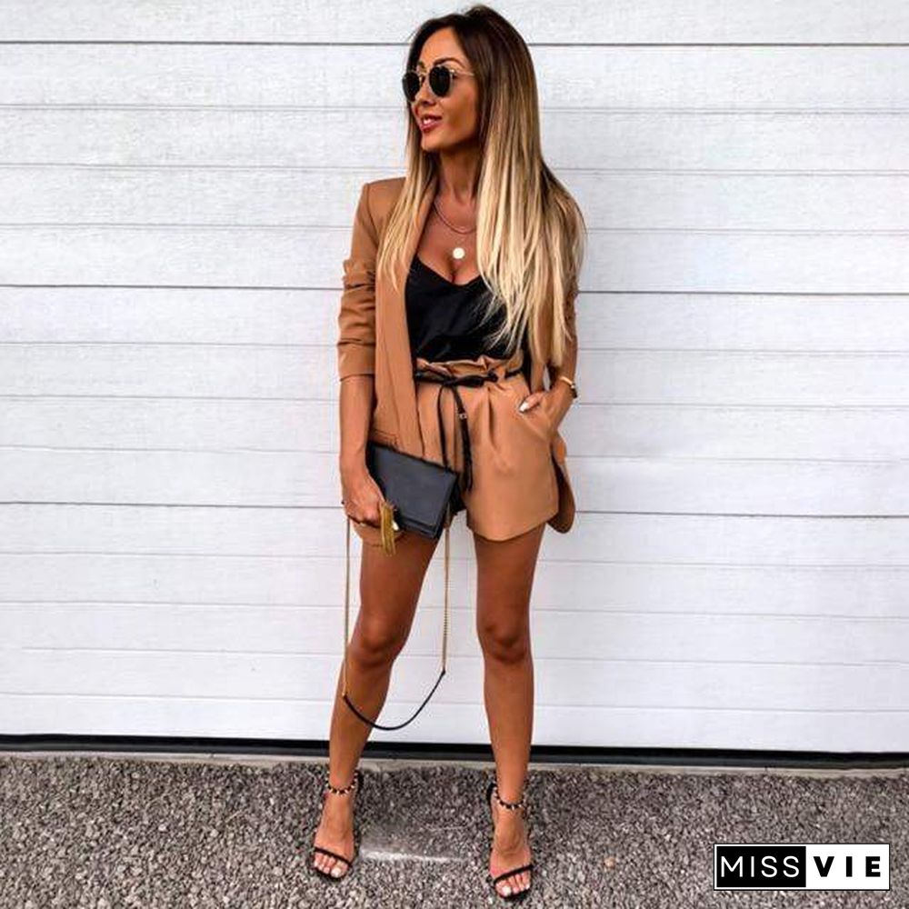 Women OL Two Piece Set Spring Summer Fashion Elegant Lady Slim Open Stitch Jacket Short Pants Woman 2pcs Blazer Set D30