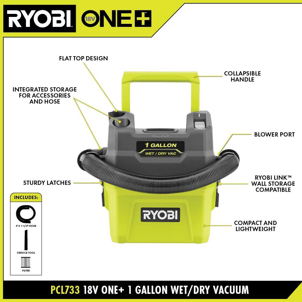 RYOBI ONE+ 18V Cordless 1 Gal. WetDry Vacuum (Tool Only) with HEPA Filter for Small Wet Dry Vacuums and Foam Filter (2-Pack) PCL733B-A32RF08-A32WF03