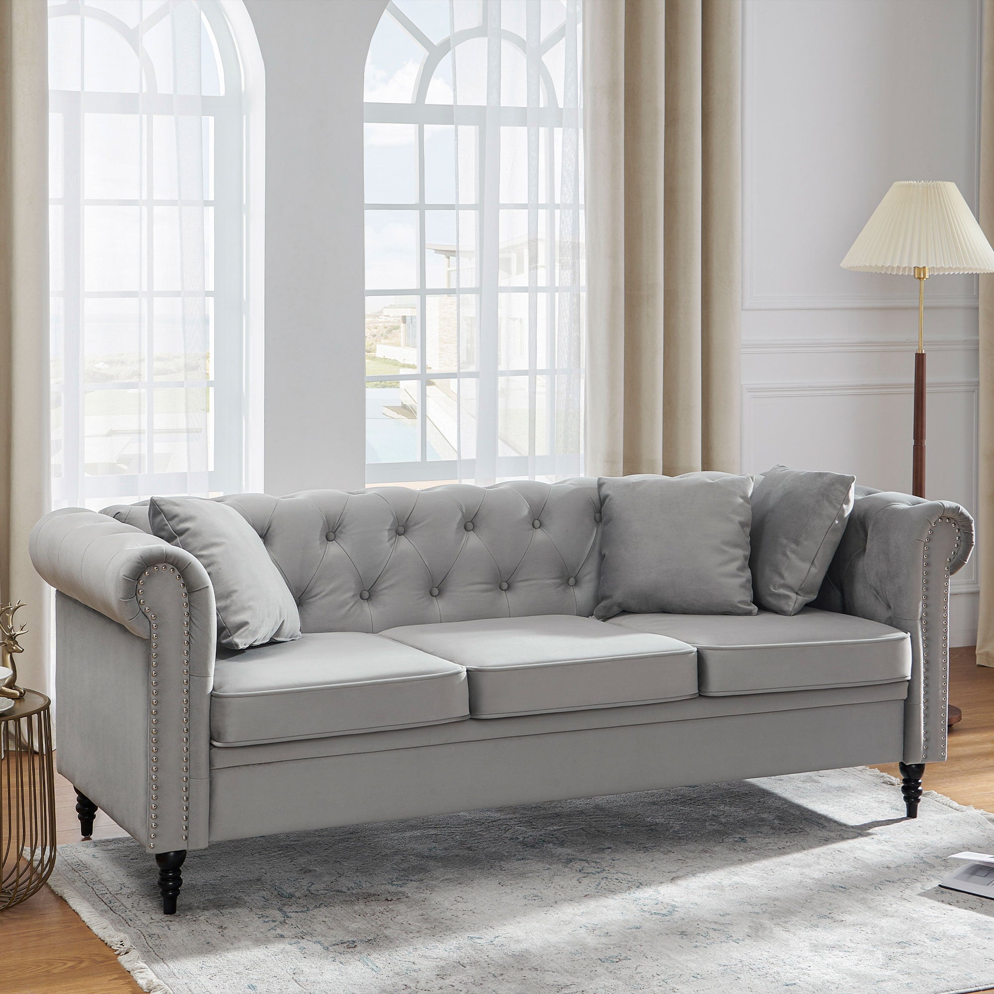 GERICCO Chesterfield Sofa Velvet,3 Seater Couch Furniture,Couches for Living Room with Deep Button Tufting,Large Sofa with Rolled Arms (Gray)