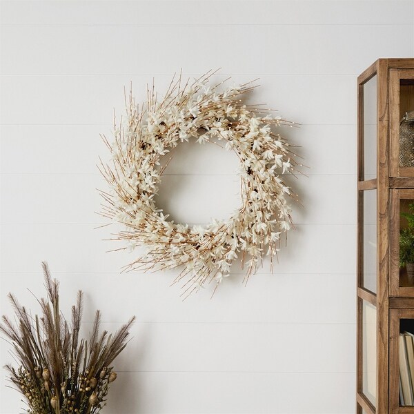 White Blossom Twig Spring Floral Wreath，25Inch