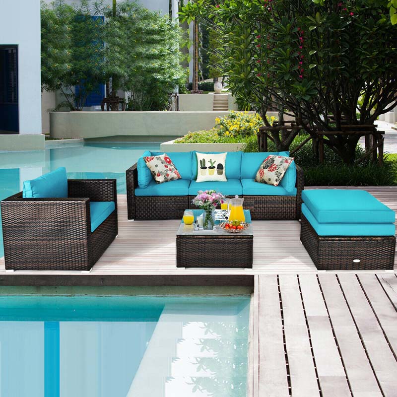 6 Pcs Patio Rattan Sectional Furniture Set Outdoor Conversation Sofa Set with Cushions