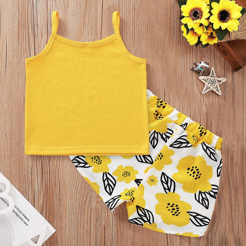 Toddler Baby Girl Summer Clothes Sleeveless Vest Tops Floral Shorts Pants 2pcs Casual Outfits Yellow 90cm