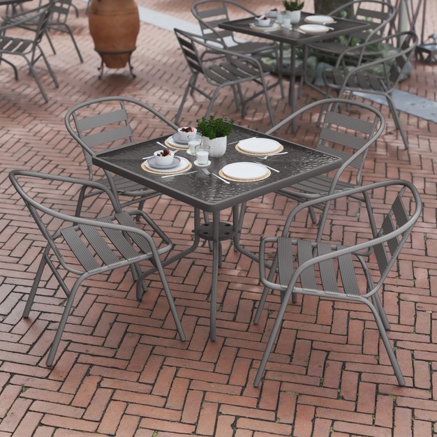 Flash Furniture Lila 31 5 x27 x27 Square Glass Metal Table With 4 Metal Aluminum Slat Stack Chairs