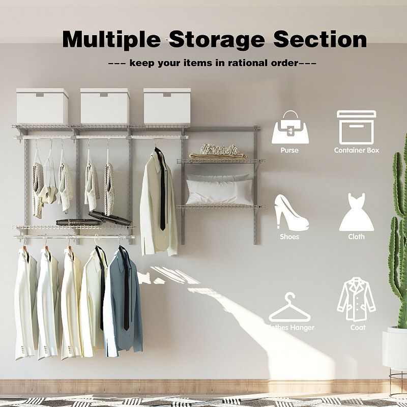 3 to 6 Feet Wall-Mounted Closet System Organizer Kit with Hang Rod-Gray