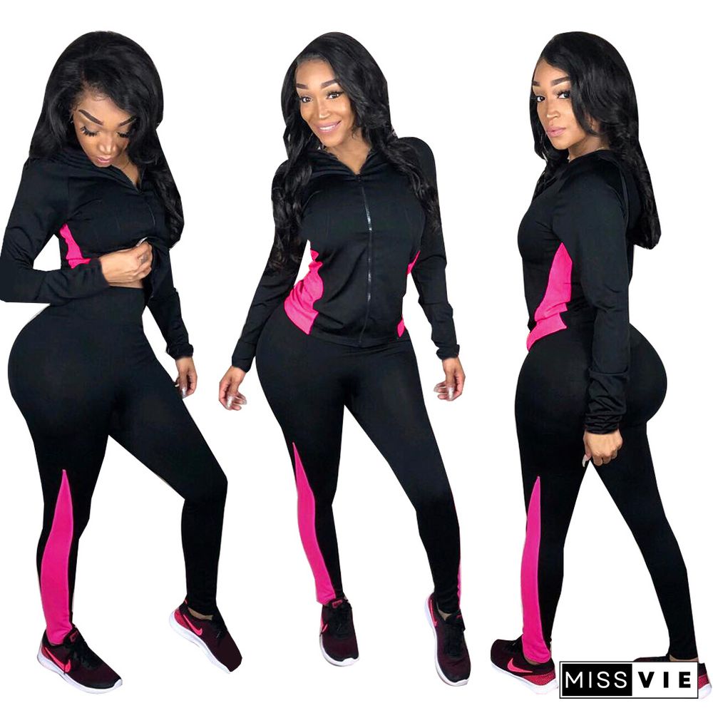 Women's Long Sleeve Patchwork Hooded Top Skinny Pants Tracksuit