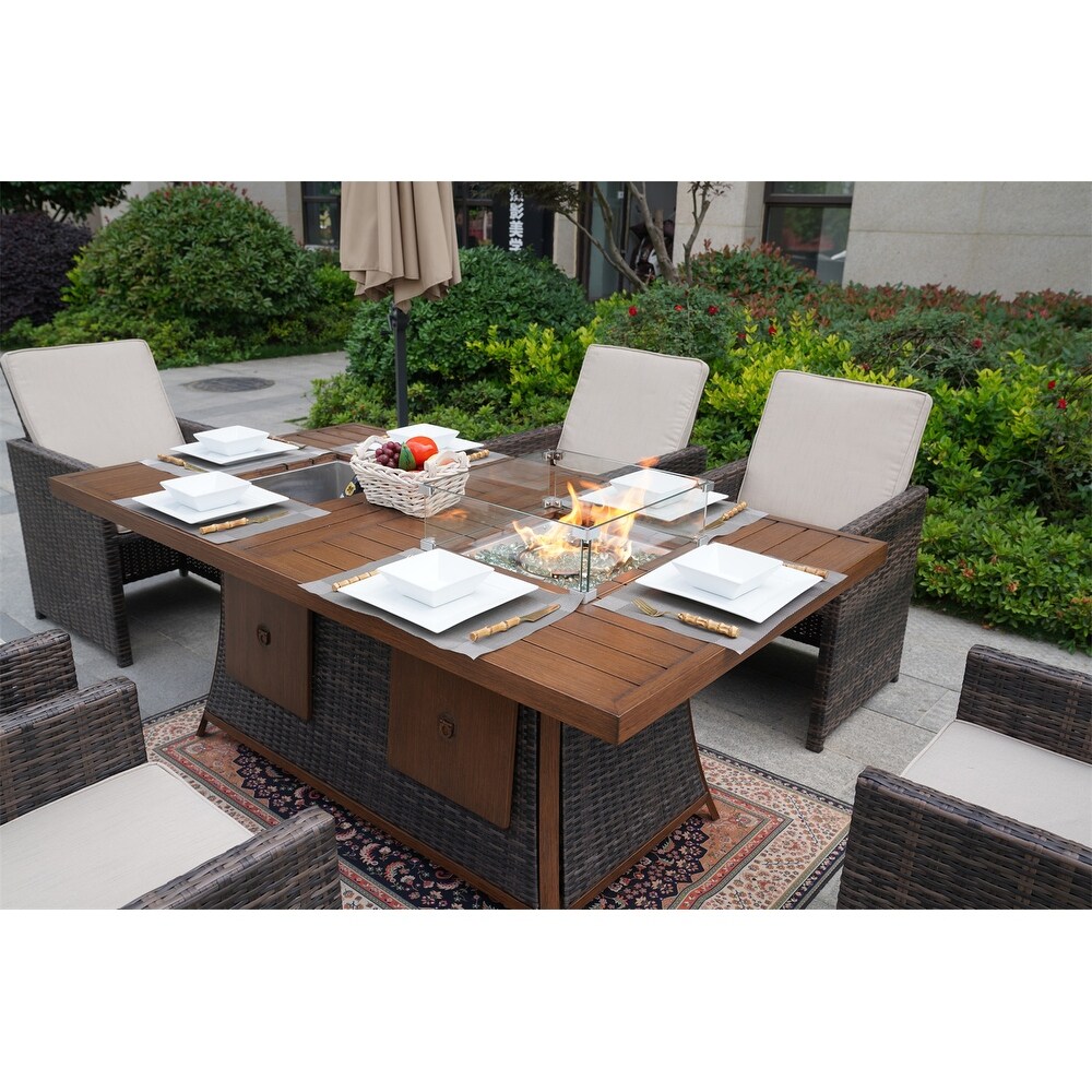 Brown Garden Patio Rectangular Dining Set With Gas Firepit And Ice Bucket and Ottomans