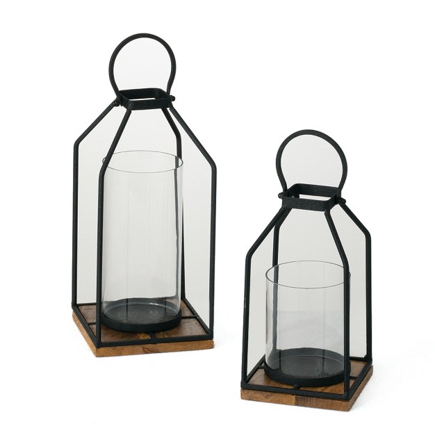 Sullivans Set Of 2 Lantern Iron amp Glass Candle Holders 12 75 quot h amp 13 5 quot h Black