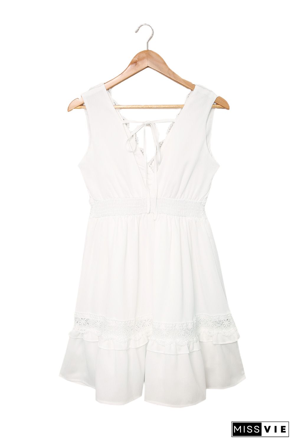 White Lace Crochet Flounce V Neck Sleeveless Mini Dress