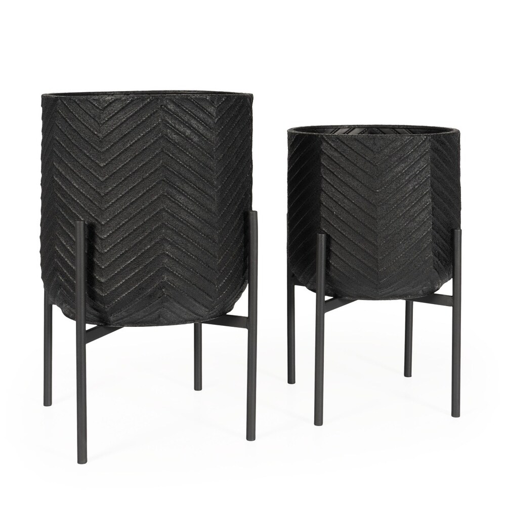 Ginkgo Metal Floor Planters Set of 2 in all Black   16 x 16 x 25 and 13 x 13 x 22