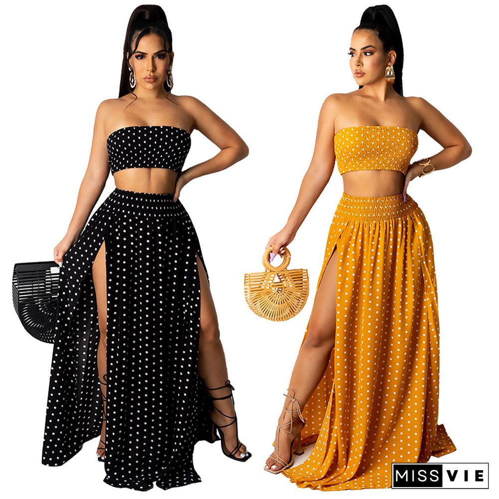 Women Polka Dots Print Strapless Crop Top High Split Maxi Skirt Summer Vacation Two Piece Dress Set