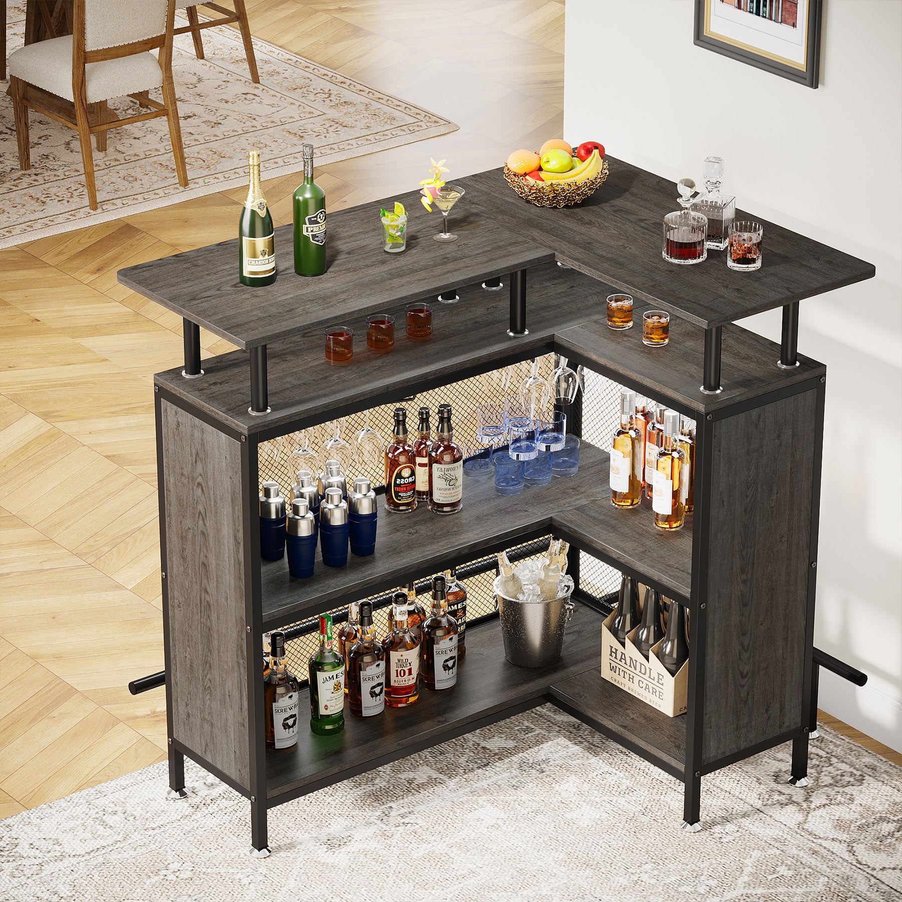 L-Shaped Home Bar Unit, Liquor Bar Table with Glasses Holders & Shelves