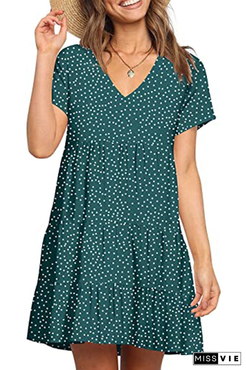 Polka Dot Print V-neck Short Sleeve Mini Dress Wholesale