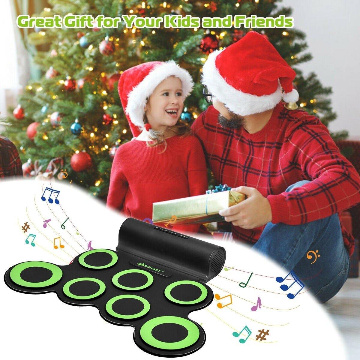 Costzon 7 Pads Electronic Drum Set, Portable Roll up MIDI Drum Practice Pad w/ Headphone (Green + Black)