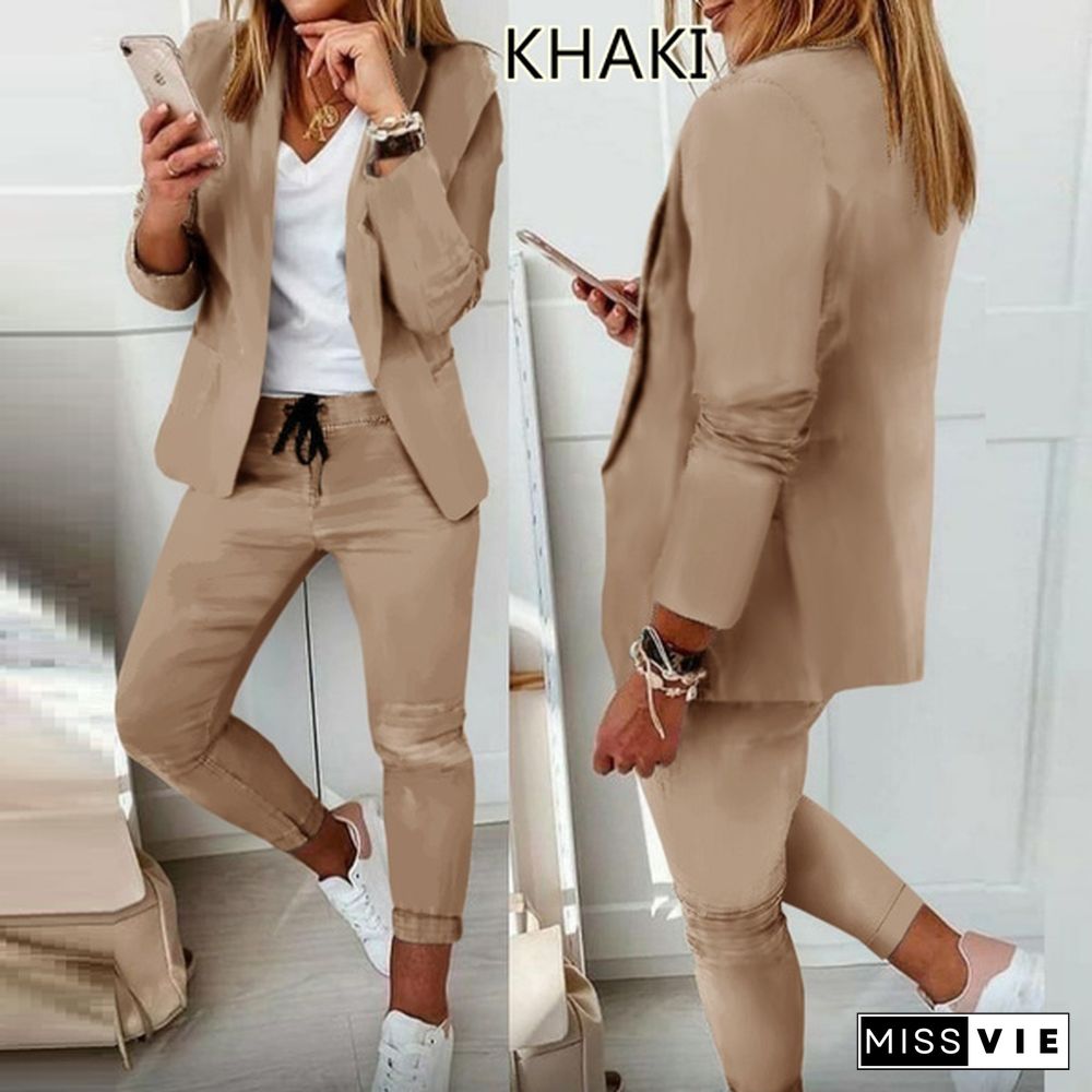 Women Elegant Long Sleeve Blazer Sets Lapel Neck Blazer Coat & Drawstring Pants Set Two Piece Outfits For Women