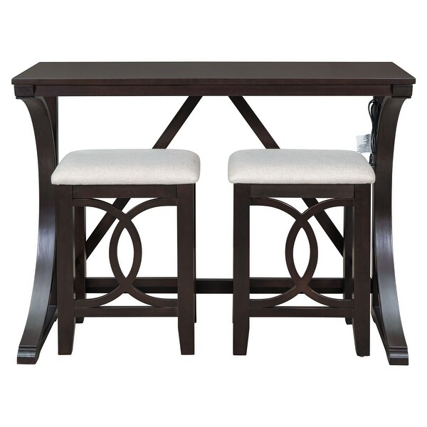 3-Piece Dining Set - Wood Kitchen Dining Table Set with USB Port and 2 Upholstered Stools for Small Places - Espresso