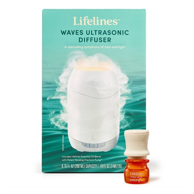 200ml Waves Ultrasonic Diffuser Cascading Mist And Light Plus Essential Oil Blend Lifelines