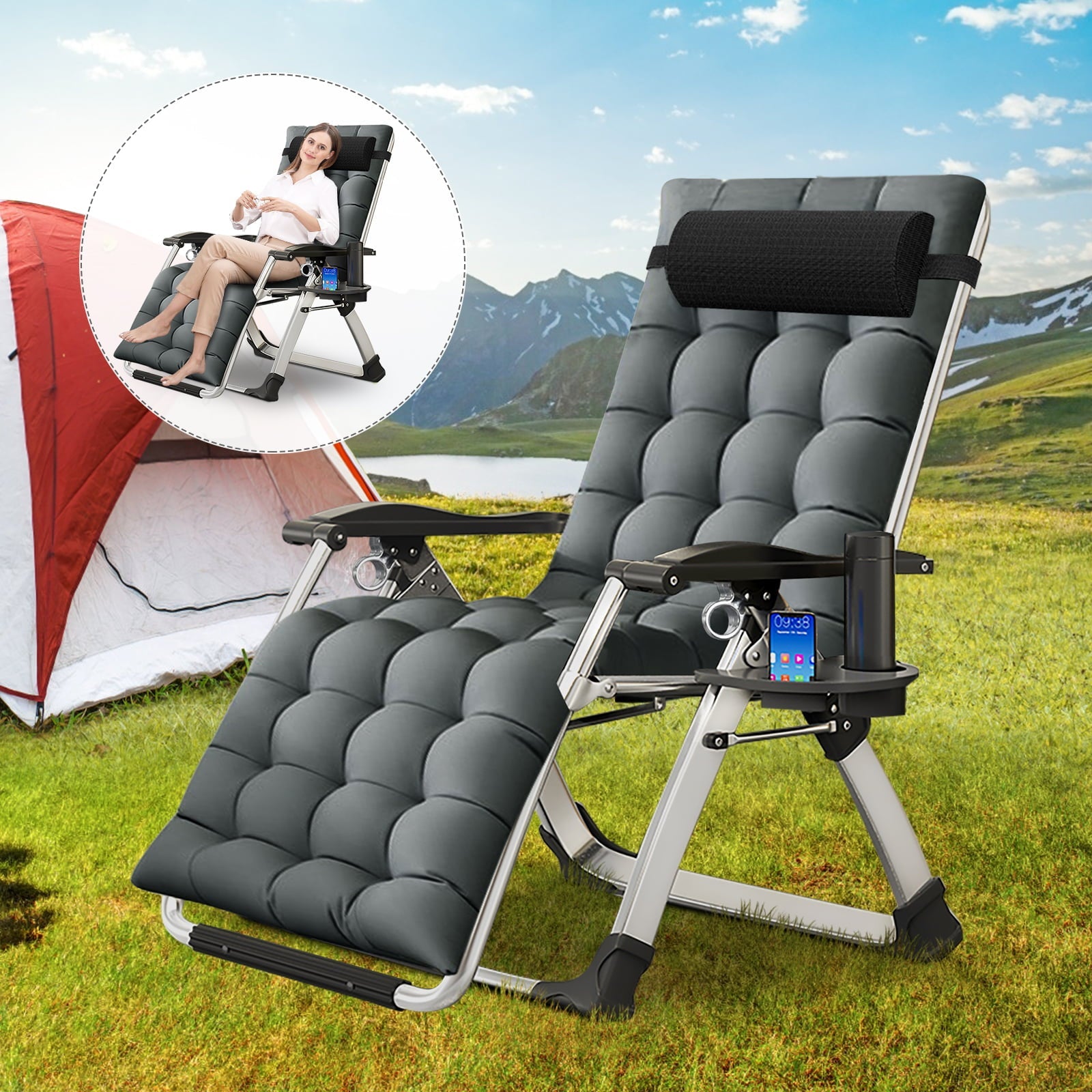 Zero Gravity Chair Camp Reclining Lounge Chairs Outdoor Lounge Patio Chair with Adjustable Pillow