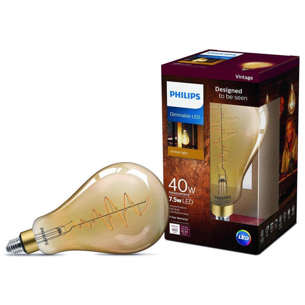 Philips 40-Watt Equivalent A50 Dimmable Vintage Glass Edison LED Large Light Bulb Amber Warm White (2000K) (4-Pack) 536276