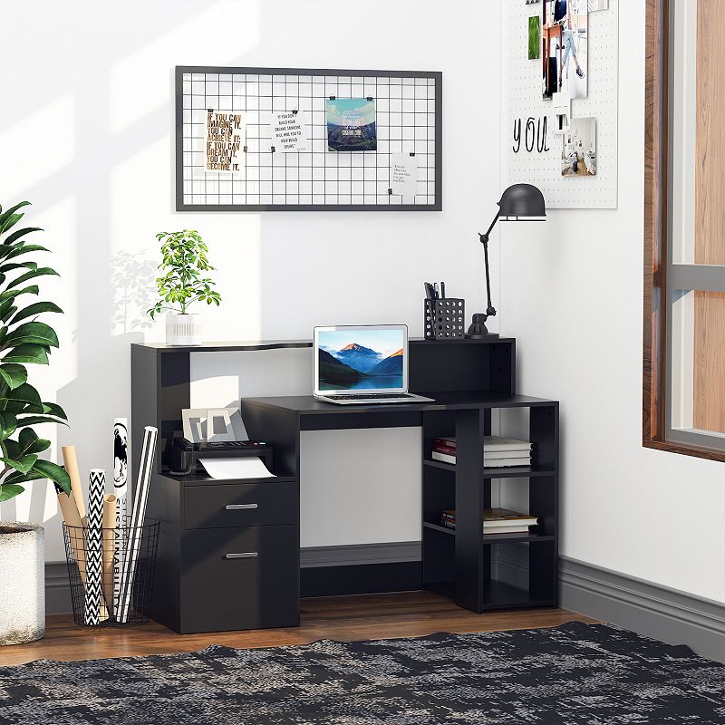 HOMCOM 54 Multi Level Computer Desk Modern Home Office Writing Workstation with 3 Storage Shelves and 2 Pull Out Drawers Black