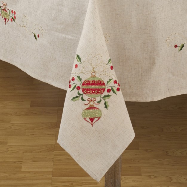 Saro Lifestyle Embroidered Ornament Holly Design Holiday Linen Blend Tablecloth