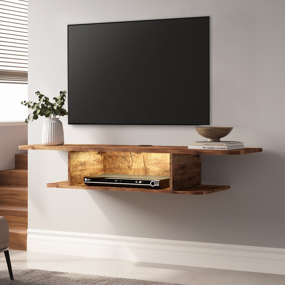 FITUEYES 2 Tier Floating TV Stand with LED Light  Floating TV Shelf Under TV for Living Room  Brown