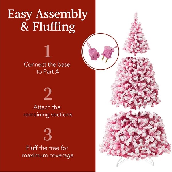 Prelit Pink Christmas Tree，Snow Flocked Holiday Decor w/ Metal Base