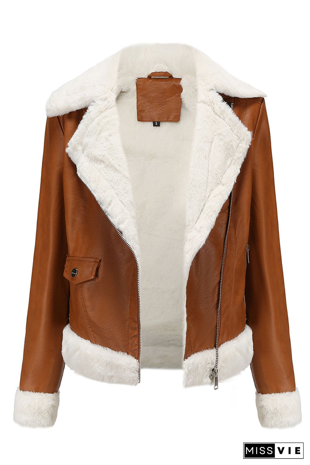 Fleece Leather Jacket with Pockets