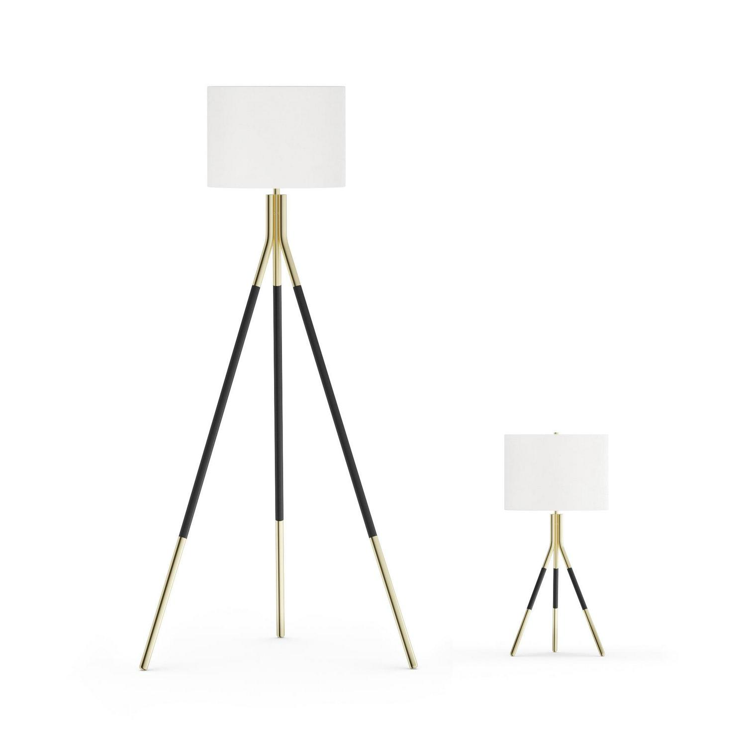 MoDRN Tripod Floor Lamp and Table Lamp Set， Black and Gold