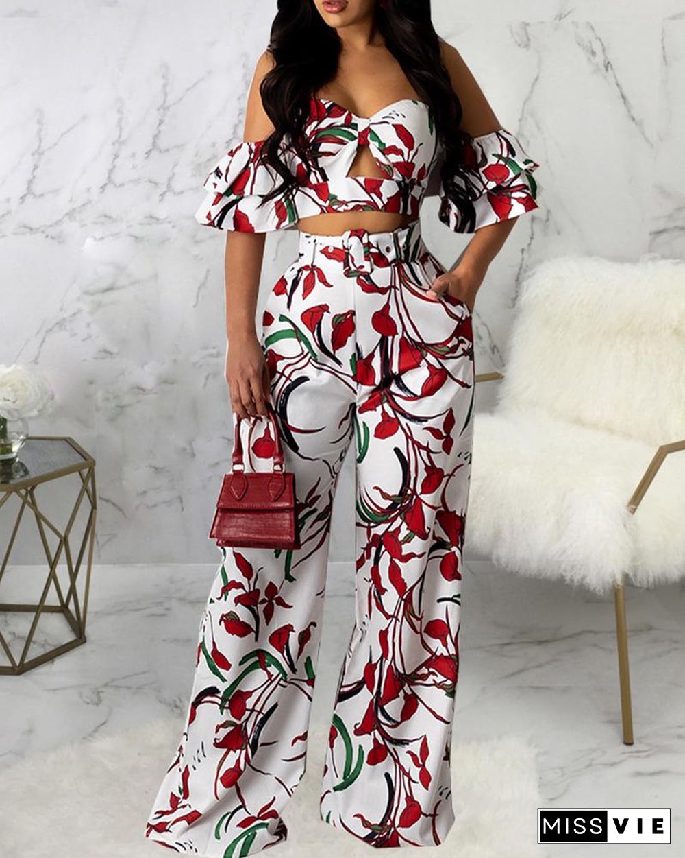 Off Shoulder Ruffles Crop Top & Pants Sets