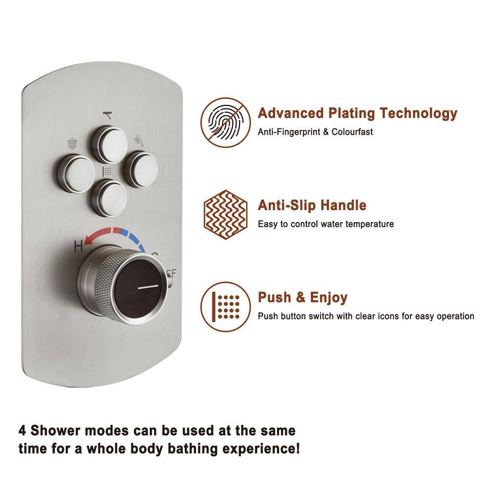 Mondawe Pressure Balanced 4-Spray Patterns 22 in. Wall Mounted Rainfall Dual Shower Heads with 6 Body Spray in Brushed Nickel WF6855-22BN