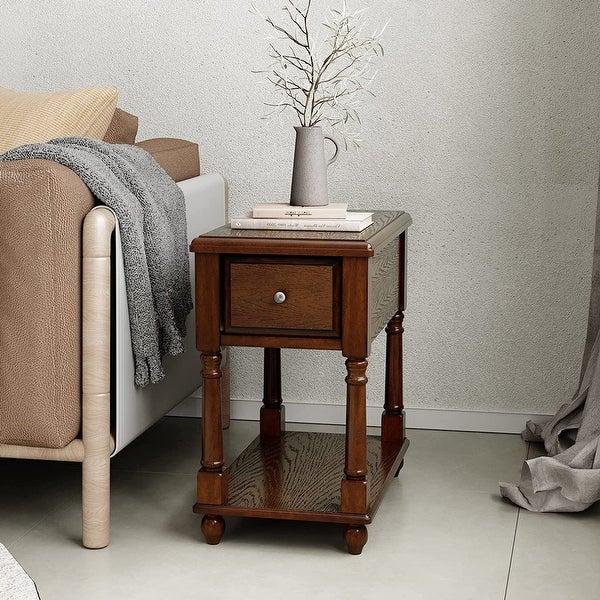 End Table with Drawer， Solid Wood 2 Tier End Side Table