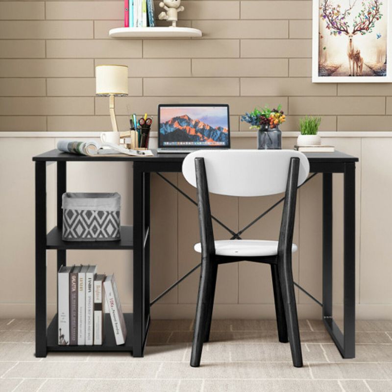 Computer Desk with Wicker Top and 2 Storage Shelves-Black Desk