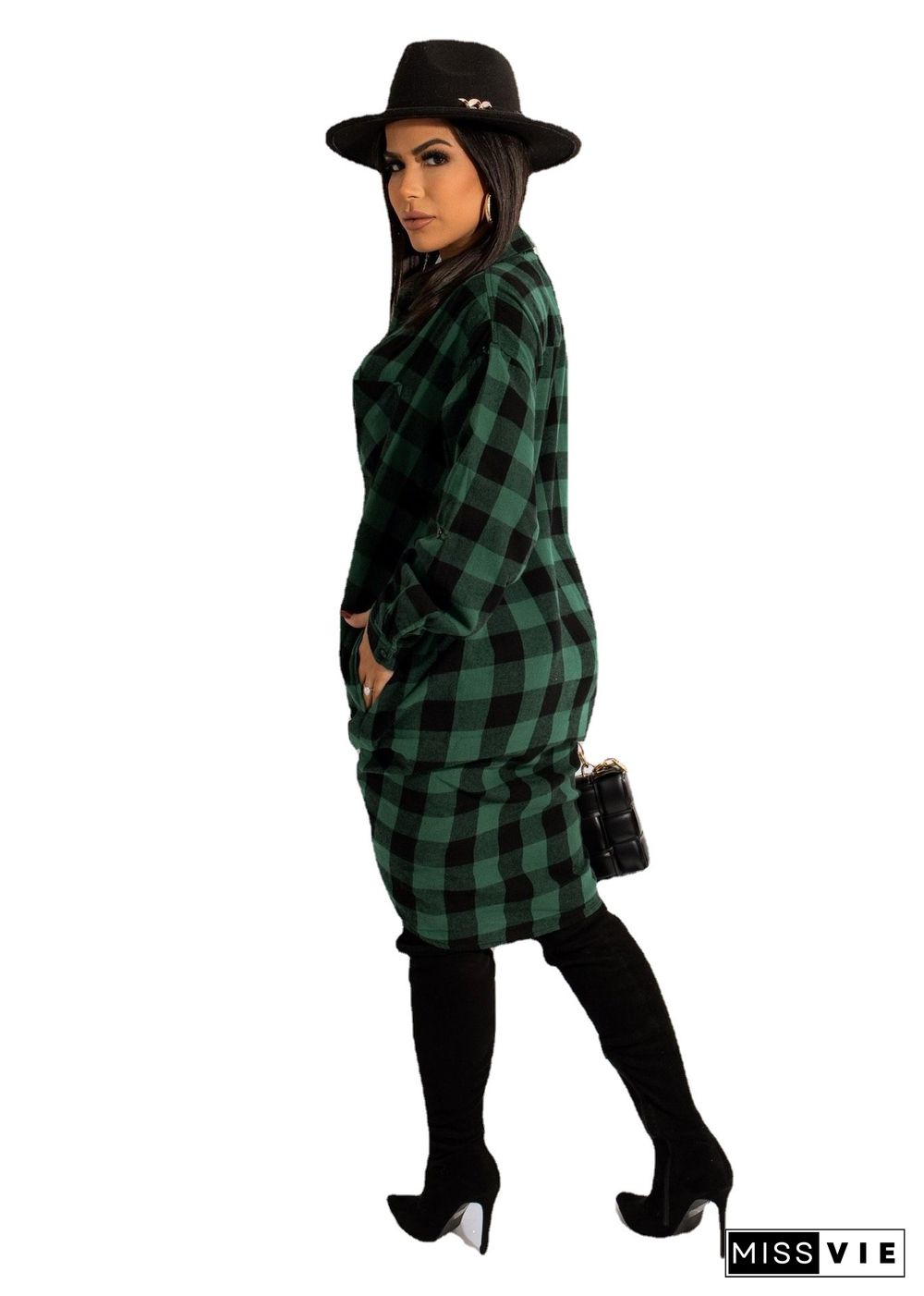 Long Sleeves Single-breasted Plaid Shirt Dress