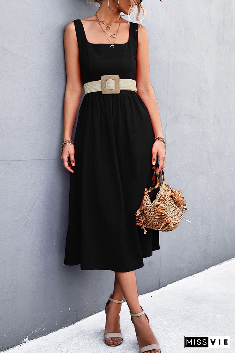 Square Collar Sleeveless Solid A Line Midi Dress Wholesale