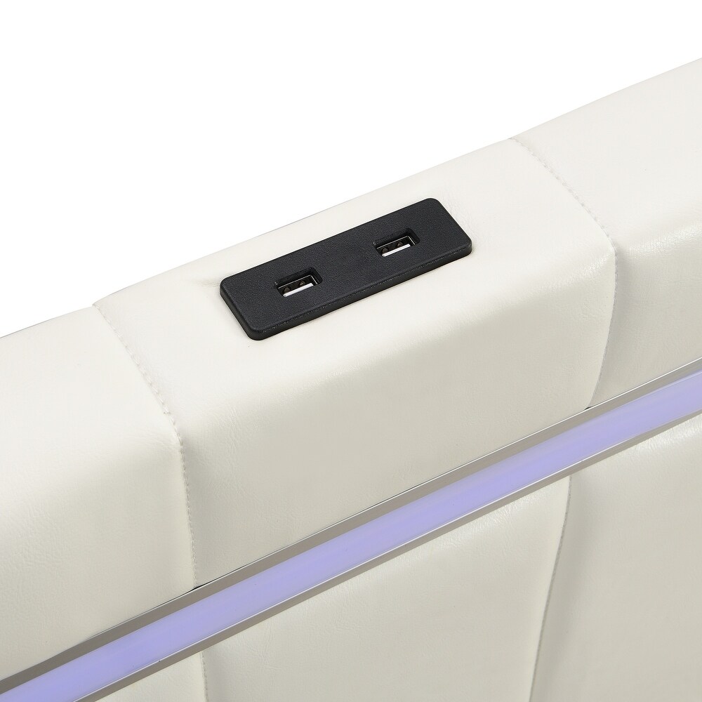 Floating Bed Frame w/ LED Lights Headboard Unique PU Upholstered Platform LED Bed Frame w/ USB Power Strips No Box Spring Needed