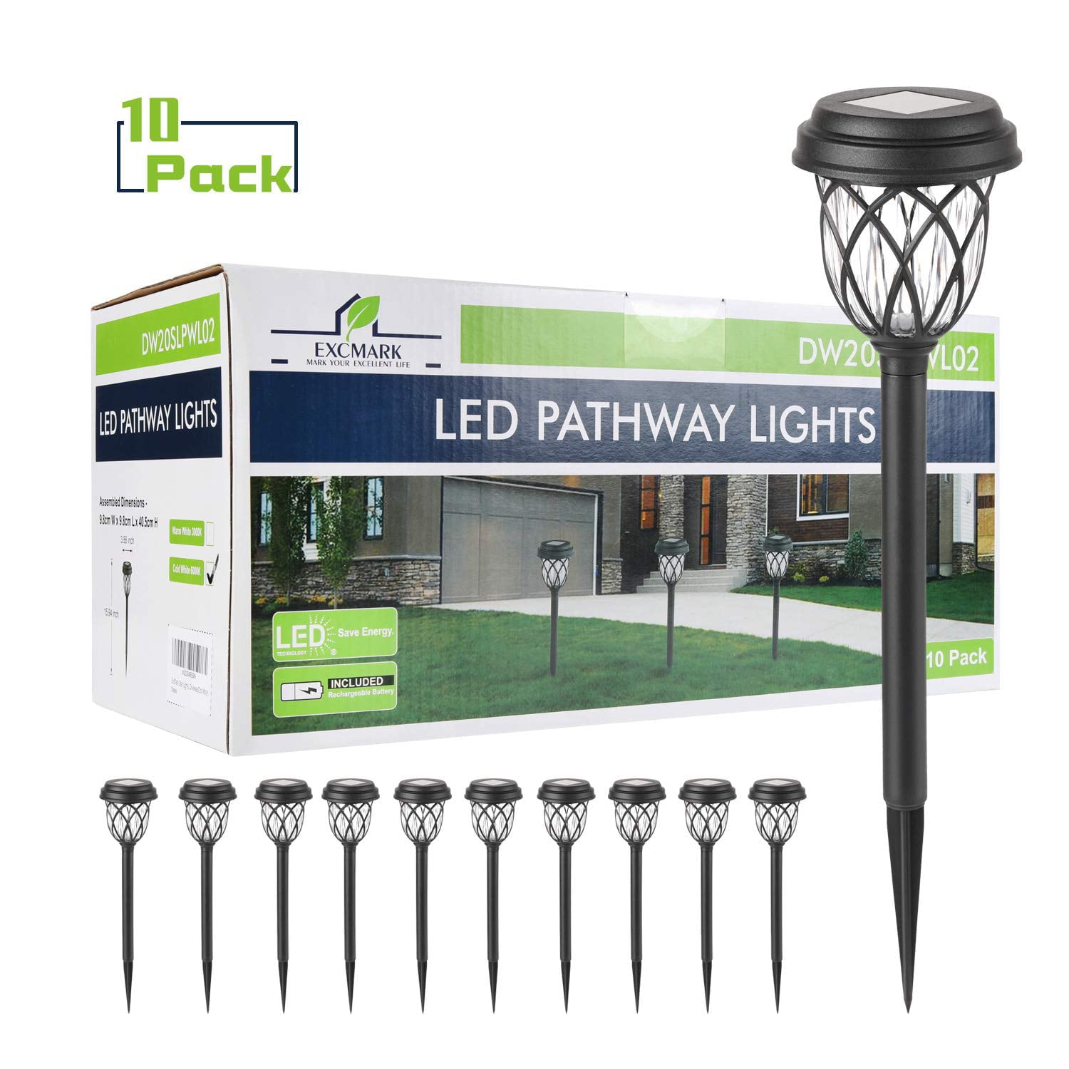 ExcMark 10 Pack Solar Lights Outdoor Garden Pathway Solar Powered Yard Lights for Walkway Sidewalk Driveway. (Black, Cool White)