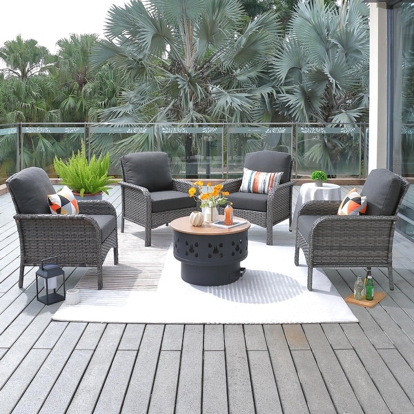 HOOOWOOO Outdoor Patio 5piece Wicker Chair Set with Wood Burning Fire Pit