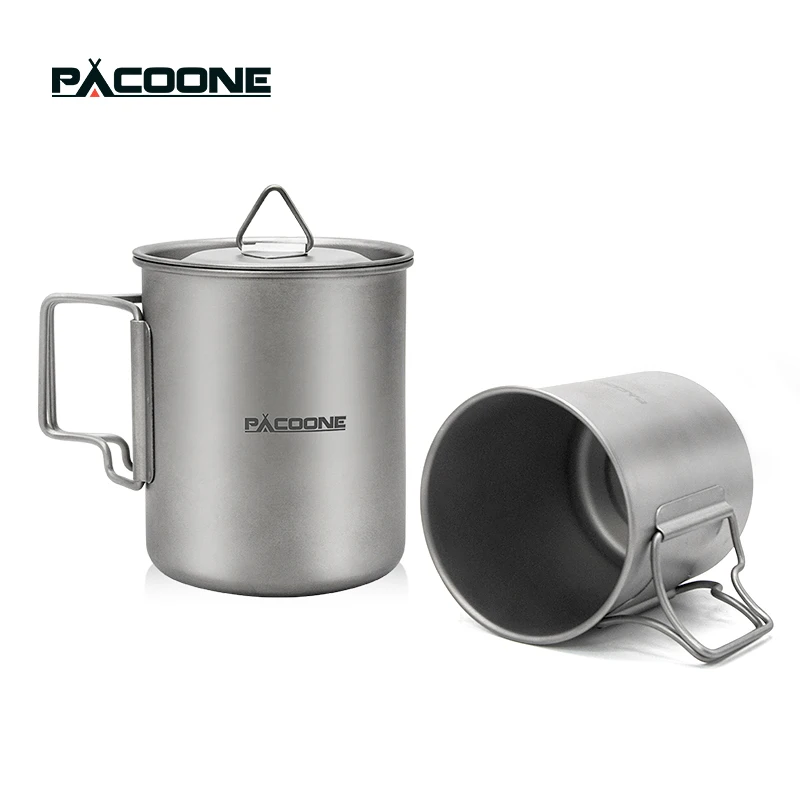 PACOONE 300ML 400ML 600ML Titanium Cup Camping hiking ultralight Mug Foldable Handle Titanium Pot with Lid   Mesh Bag