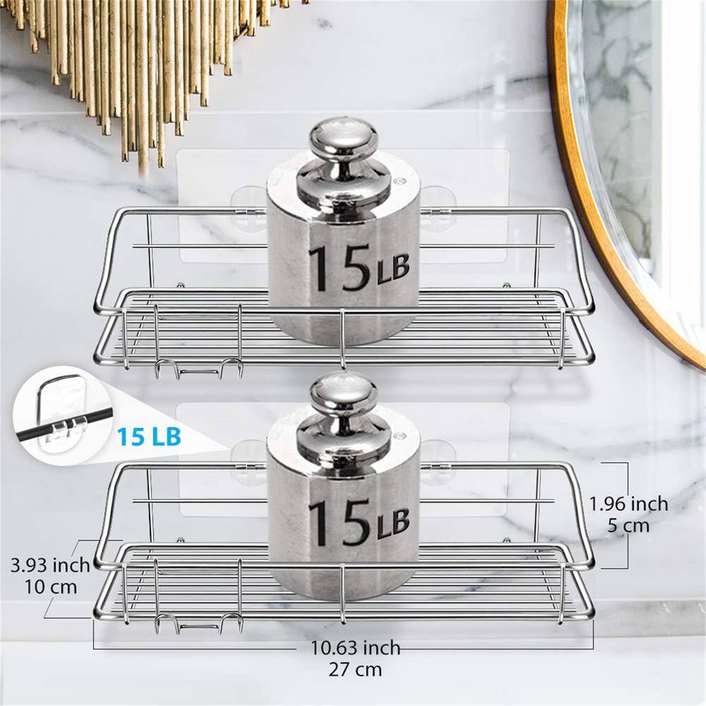 Cubilan Wall Mount Adhesive Stainless Steel Shower Caddy Shelf with Hooks in Silver 2-Pack HD-VB2