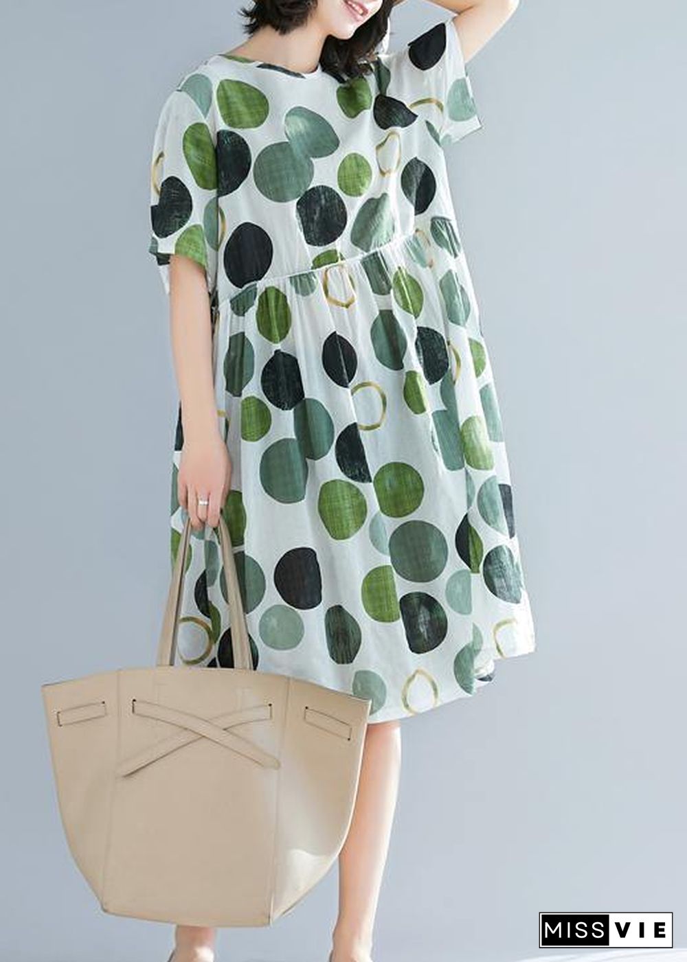 Art green dotted linen plus size Catwalk o neck short sleeve baggy Summer Dresses