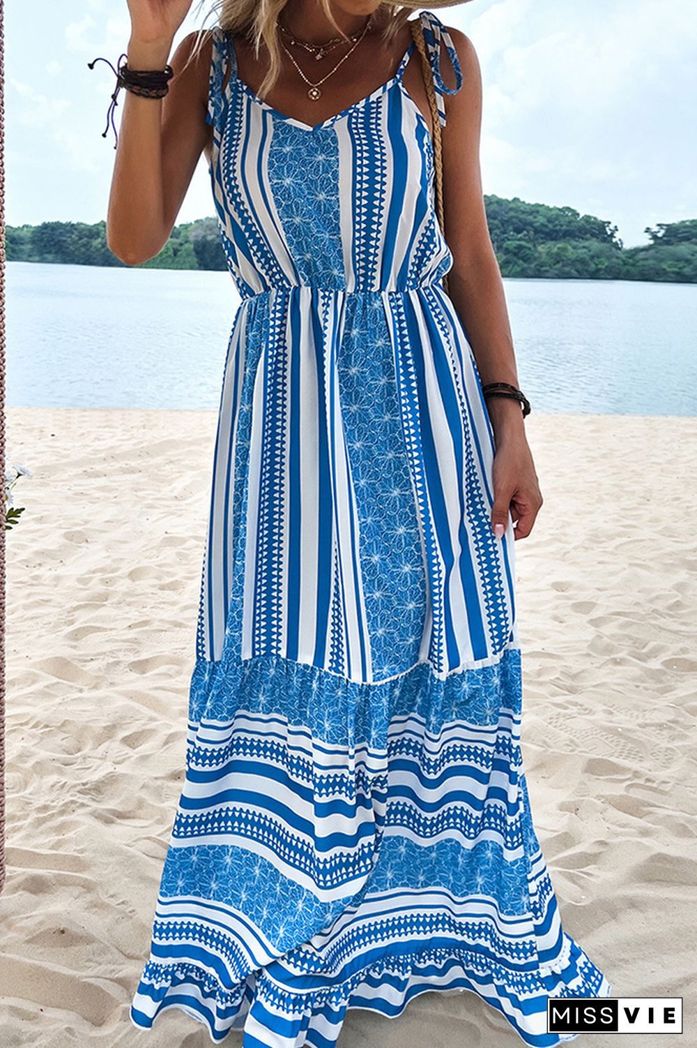 Blue Striped Sling Long Dress Wholesale