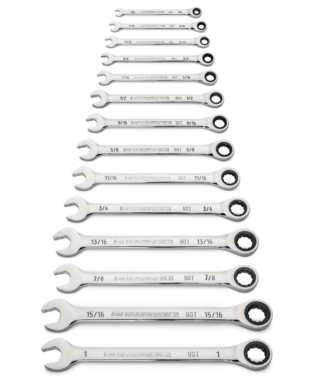 14 Pc 90T 12 Point SAE Combination Ratcheting Wrench Set ;