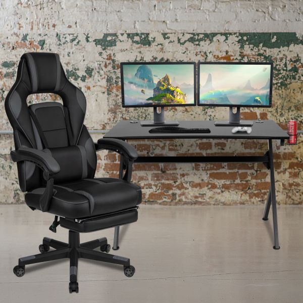 Optis Black Gaming Desk with Cup Holder/Headphone Hook/2 Wire Management Holes and Black Reclining Back/Arms Gaming Chair with Footrest