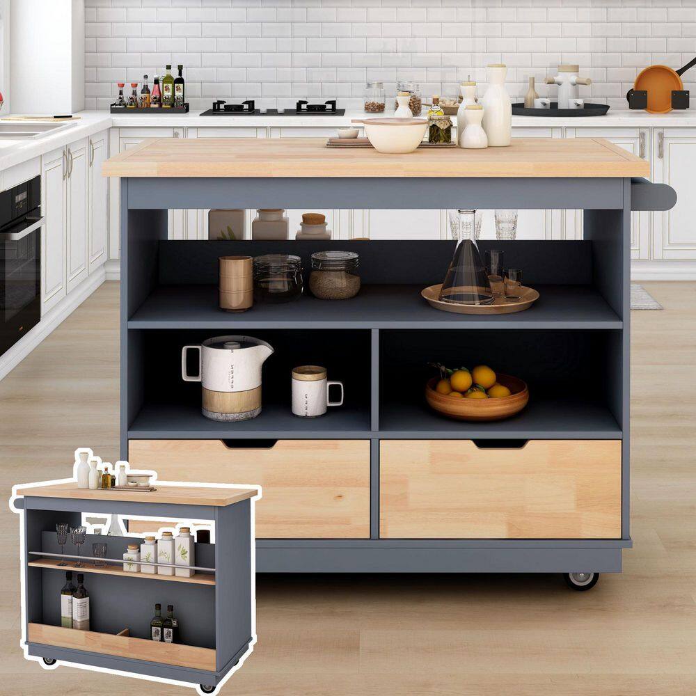 Runesay Gray Blue Rolling Mobile Kitchen Island Cart Solid Wood Top with 2-Drawer Tableware Cabinet and Spice Wine Towel Rack EC-KIGB-952