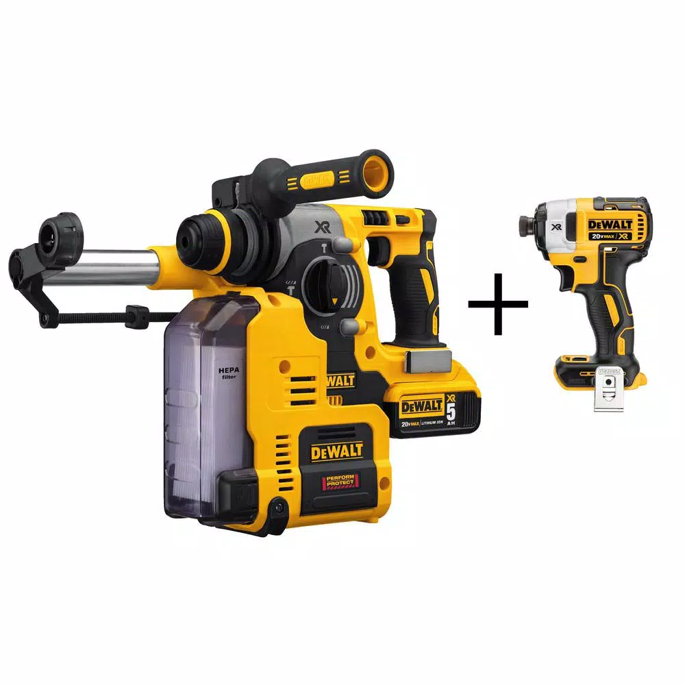 DEWALT 20-Volt MAX XR 1 in. SDS Plus L-Shape Rotary Hammer w/ Extractor， (2) 20-Volt 5.0Ah Batteries and 1/4 in. Impact Driver and#8211; XDC Depot