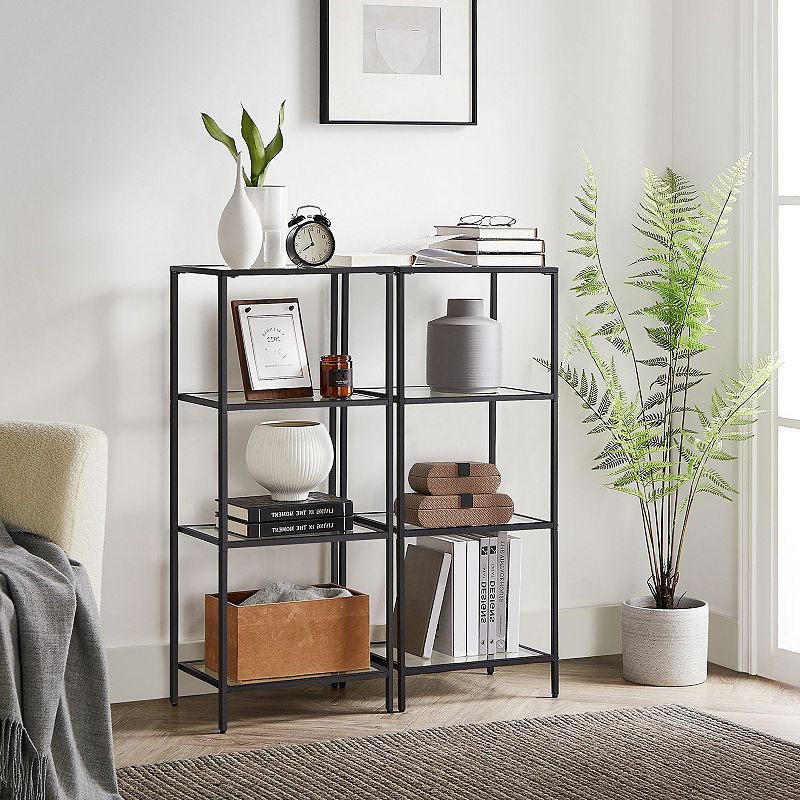 Bookcase， 4-tier Shelving Unit， Bookshelf， Tempered Glass， Easy Assembly， For Living Room