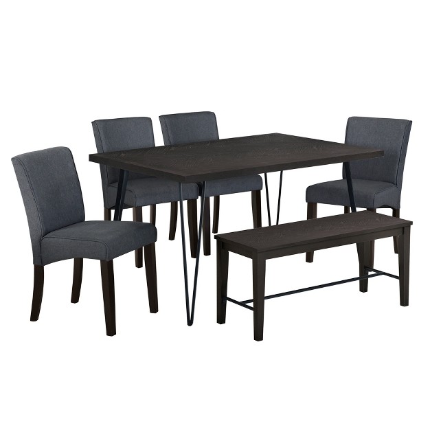 Modern 6 piece V shaped Metal Leg Dining Table Set With 4 Upholstered Chairs And 1 Bench Modernluxe